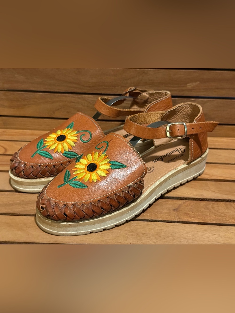 Sunflower Embroidered Brown Leather Women's Sandal
